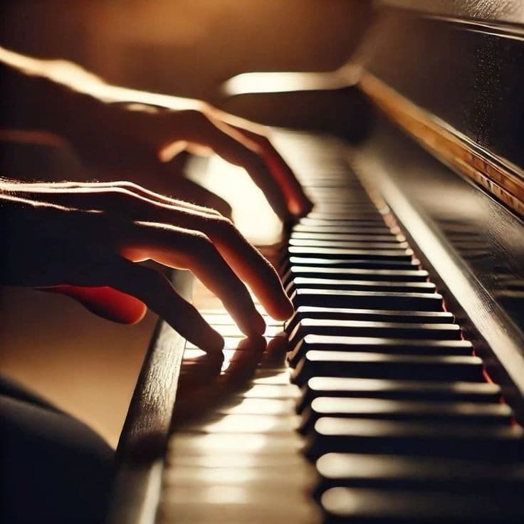 Hands playing piano keys